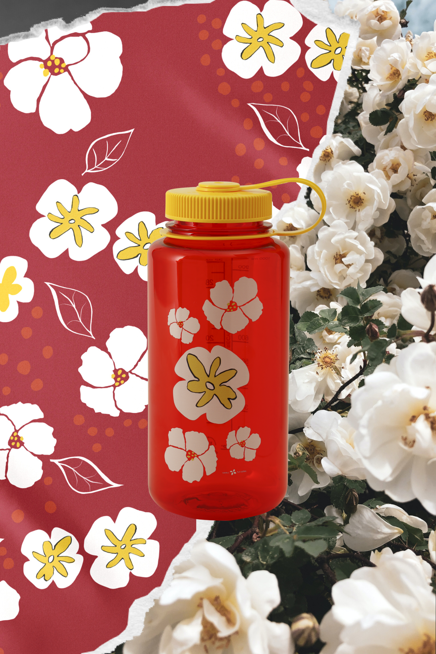 White Camellia Furoshiki and Nalgene Bundle from Keiko Furoshiki